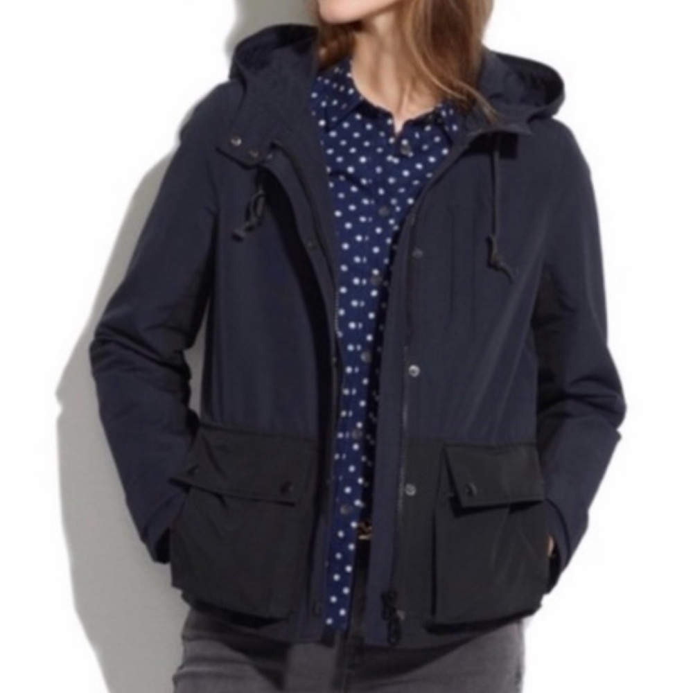 Madewell All-Weather Urban Navy Blue/ Black Utility Jacket Anorak Hood Sz S EUC